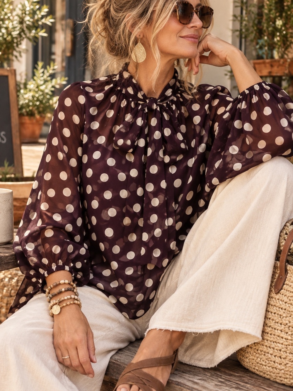 Umgee Plum Polka Dot Tie Neck Sheer Blouse Small EUC